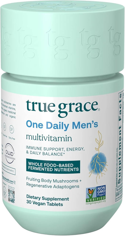 True Grace One Daily Men’s Multivitamin Fermented Minerals, Organic Adaptogens & Mushrooms Whole Body Balance Immune, Endurance, Bone & Heart Support - Non-GMO, Gluten Free - 30 Vegan Tablets