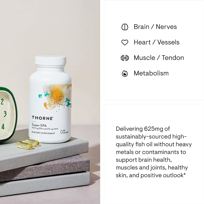 THORNE Super EPA - Omega-3 Fatty Acids EPA 425mg and DHA 270mg Supplement - Support Brain, Cardiovascular, Joints, and Skin - Gluten-Free, Dairy-Free, Soy-Free - 90 Gelcaps