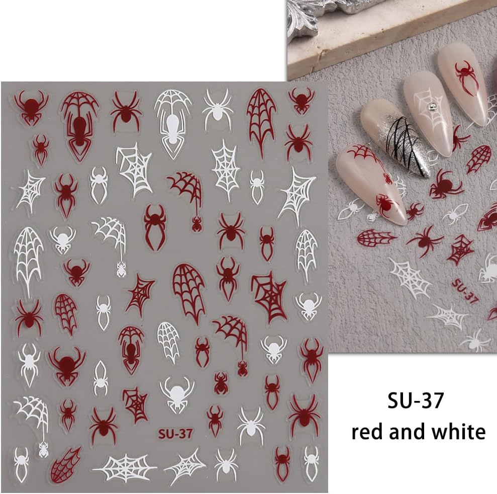Halloween Nails Stickers Black Spider Nails Sticker 3D Embossed White Web Self Adhesive Sticker Nail Decals Black White Red Glitter Nail Art Decals Halloween Decals for Nail DIY Manicure 6Sheet