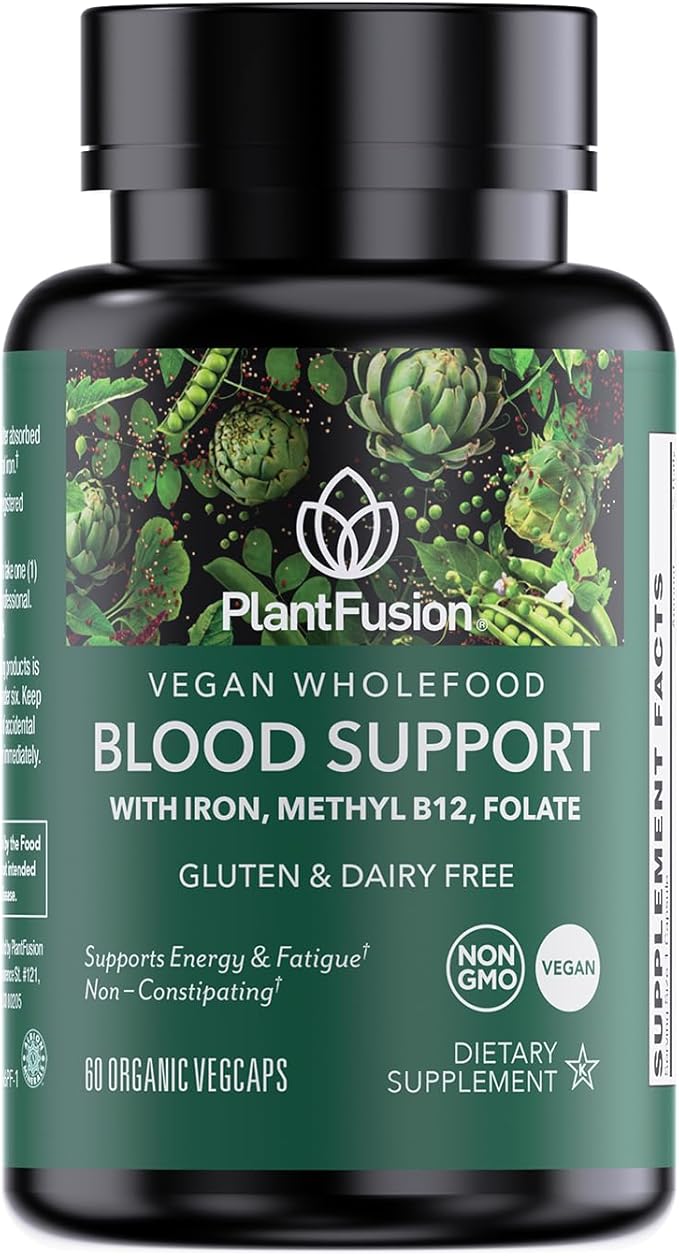 PlantFusion Vegan Iron Supplement for Women & Men - Gentle Plant-Based Iron with Vitamin C, Methyl B12, Folate - Non-Constipating, Wholefood Iron Pills for Energy, Anemia & Blood Support, 60 Capsules