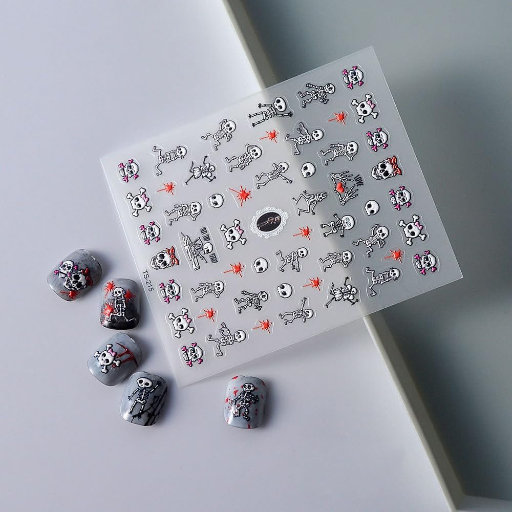 Halloween Nail Art Stickers 5D Embossed Skull Blood Skeleton Nail Stickers, Self-Adhesive Durable Nail Art Decals for Women Girls, Nail Wraps Decoration Manicure for DIY Acrylic Nail Accessories