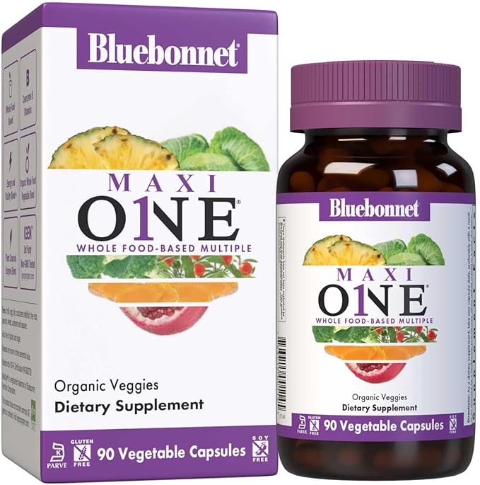Bluebonnet Nutrition Maxi One (with Iron), Whole Food Multiple, Enzymes, Energy, Vitality, Gluten-Free, Kosher, Dairy-Free, Vegetarian Friendly, Soy-Free, Non-GMO, 90 Vegetable Capsule, 3 Month Supply, Beige