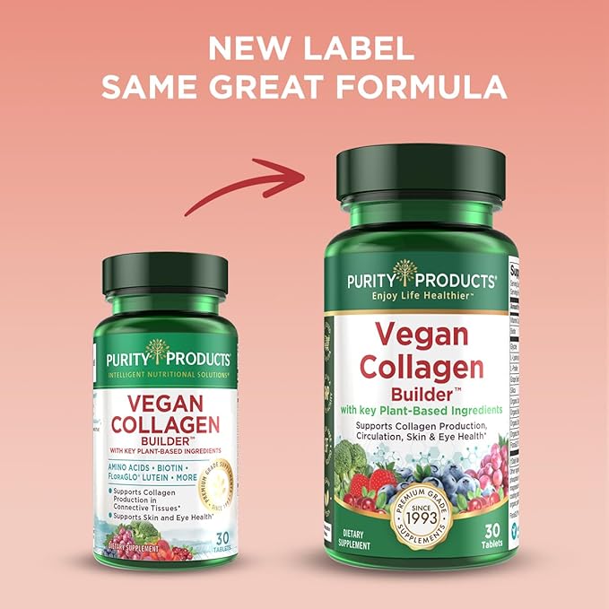 Vegan Collagen Builder - Organic Whole Foods Fruits + Veg, Silica, Lutein, Vitamin C, Biotin, Grape Seed - Amino Acids Glycine, Lysine + Proline Collagen Boosters - Once A Day - 30 Tablets
