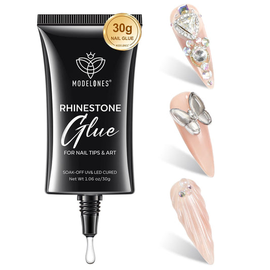 Modelones Manicure Tables Supports Growth 4-in-1 Rhinestone Glue - Super Strong for Press On Nails, Gems, Charms & Rhinestones, No Wipe Nail Art Glue, 30g Cured Needed