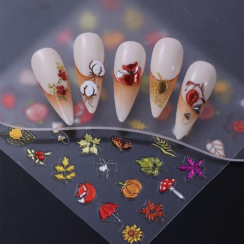 Fall Nails Stickers Autumn Leaves Nails Sticker 5D Embossed Maple Leaves Pumpkins Self Adhesive Sticker Nail Decals Colorful Thanksgiving Nail Art Decal Fall Decals for Nail DIY Manicure 1Sheet
