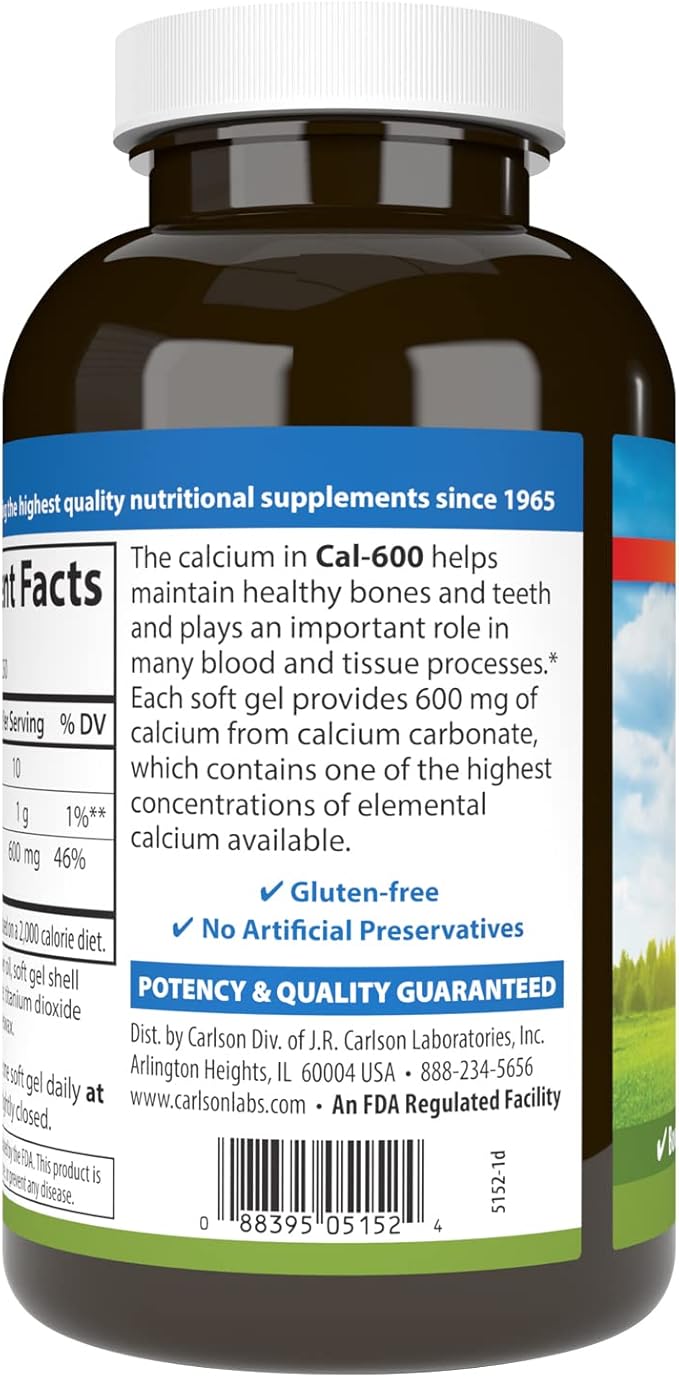 Carlson - Cal-600, 600 mg Calcium, Bone Support, Healthy Teeth & Optimal Wellness, 250 Softgels