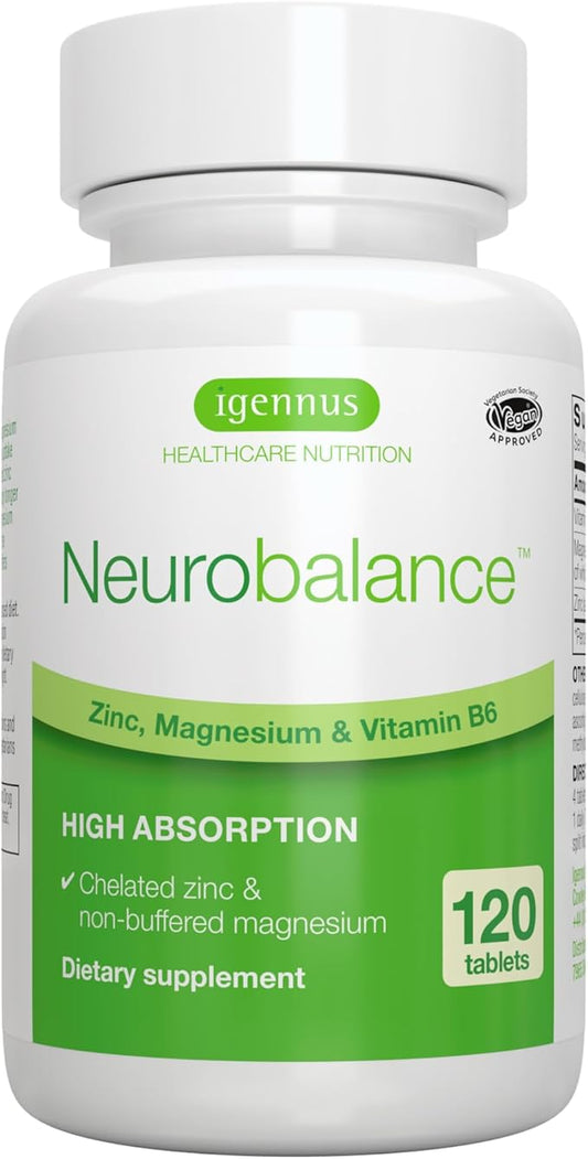 Neurobalance, High Absorption Zinc Magnesium B6 Supplement, Non-GMO Brain, Sleep & Immune, Chelated Zinc Picolinate 24mg, Oxide-Free Magnesium & Vitamin B6, 120 Tablets, by Igennus
