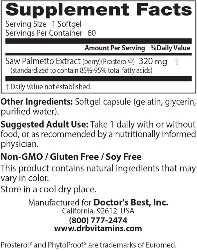 Doctor's Best Best Saw Palmetto Extract (320 mg), Softgel Capsules, 60-Count