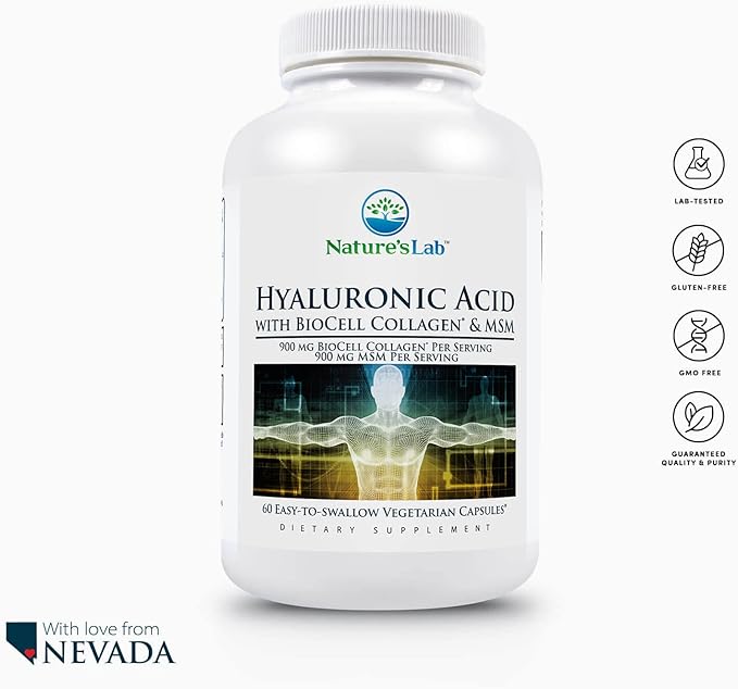 Nature's Lab Hyaluronic Acid with Biocell Collagen and MSM - Skin Hydration, Joint Health - 60 Capsules (20 Day Supply)