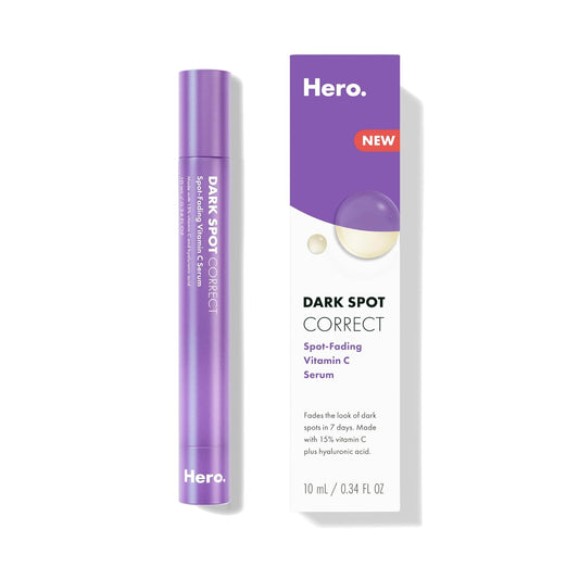 Hero Cosmetics Dark Spot Correct Spot-Fading 15% Vitamin C plus Hyaluronic Acid Serum. Improves the Look of Post Blemish Marks in 7 Days. Twist Applicator and Rollerball Tip for Easy Application. 10mL
