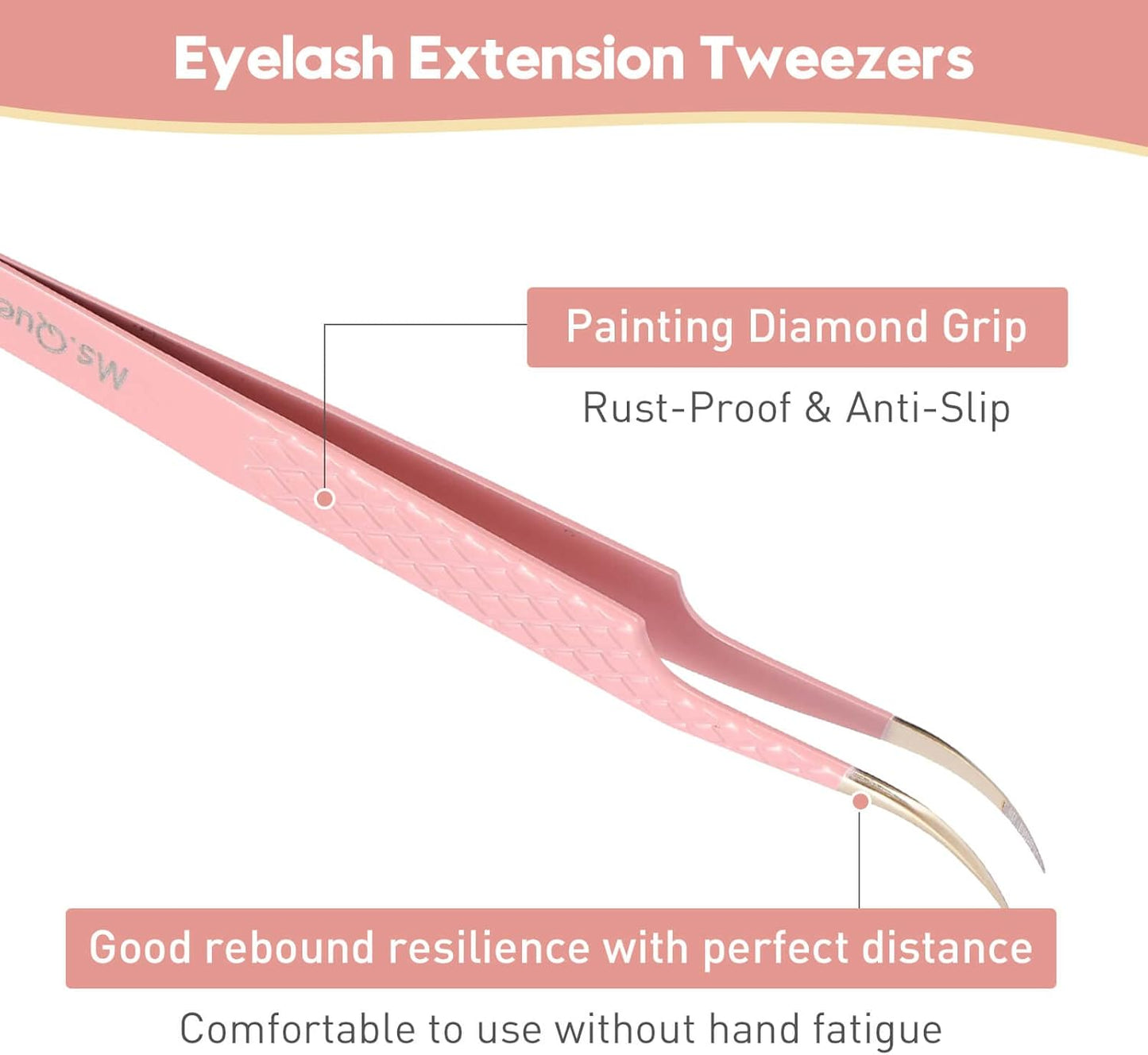 Ms.Queen Curved Tweezers for Eyelash Extensions,Diamond Grip Curved Volume Tweezers Fiber Tip Isolation Lash Tweezers