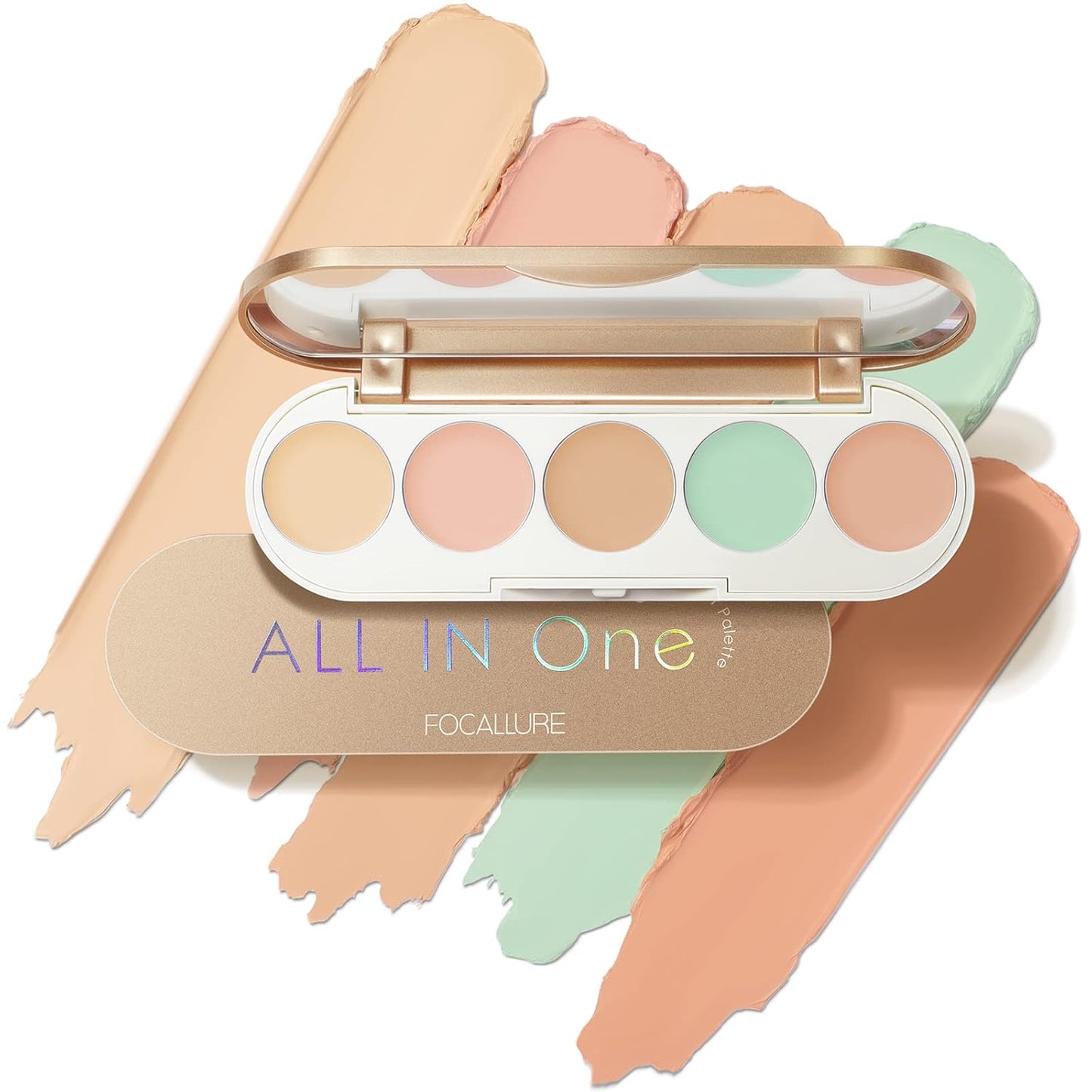 FOCALLURE #GoldenAge 5 in 1 Multi Uses Concealer Palette, 5 Colors Correcting Conceal Palette, Camouflage Contour Palettes for Dark Circles, Face Contouring Highlighter Pallet, CC01 LIGHT-CORRECTING