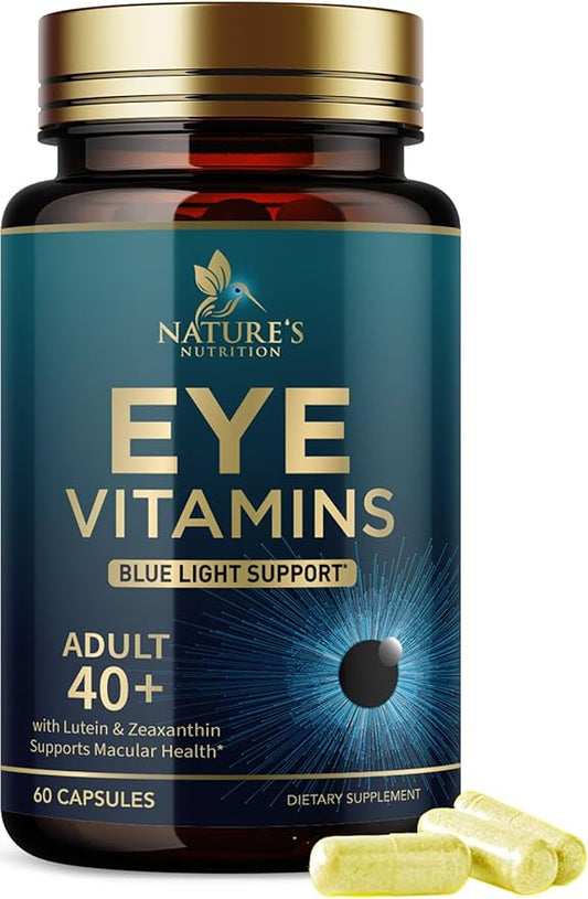 Eye Vitamins & Mineral Supplement, Contains Lutein, Zeaxanthin, Bilberry & Zinc, Supports Eye Strain, Vision Macular Health & Dry Eyes for Adults with Vitamin C & E, Lycopene - 60 Capsules