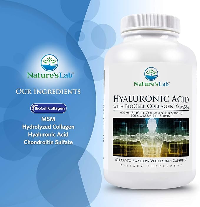 Nature's Lab Hyaluronic Acid with Biocell Collagen and MSM - Skin Hydration, Joint Health - 60 Capsules (20 Day Supply)