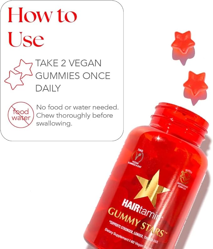 HAIRtamin Vegan Gummy Stars Hair Vitamins | Non-GMO | Natural Biotin Hair Vitamin Gummies to Maintain Healthy Hair Skin & Nails | Multivitamin Supplement to Help Maintain Healthy Looking Hair (3-Pack)
