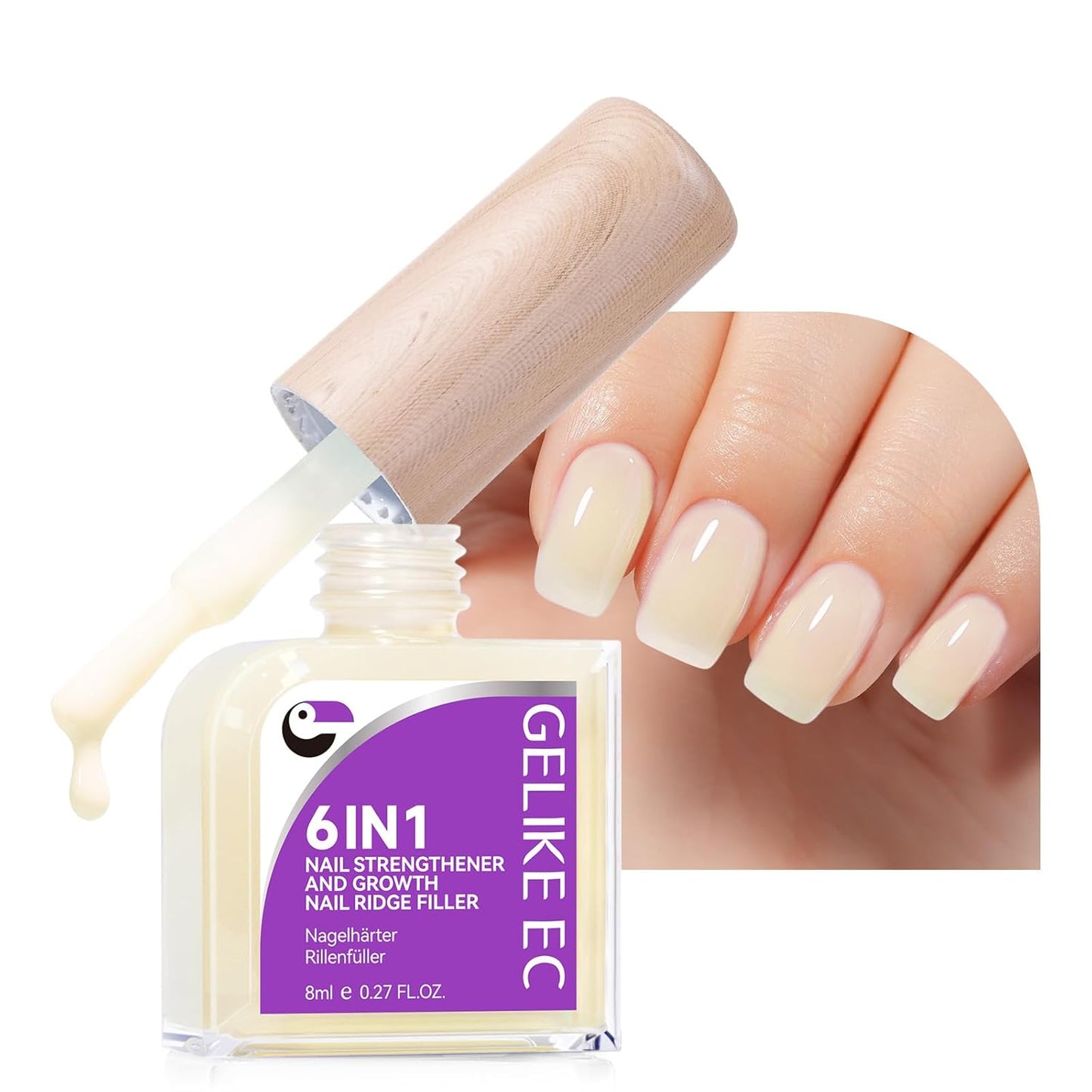 Nail Polish Strengthener and Growth Treatment: Yellow Gelike EC 6 in 1 Natural Nail Hardener Extra Strong and Growth - Long Lasting Nail Repair for Damaged Nails - For Daily Work Home Salon