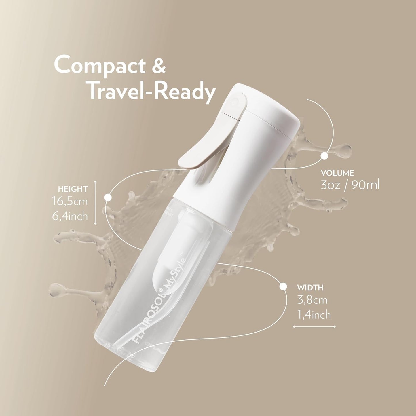 FLAIROSOL MyStyle, Spray Bottle for Hair - Small Travel Spray Bottle, Ultra Fine Continuous Water Mist for Face, Hairstyling, Salon, Cleaning, Beauty, Toners, Hydration & Makeup, 3.04oz / 90ml, White