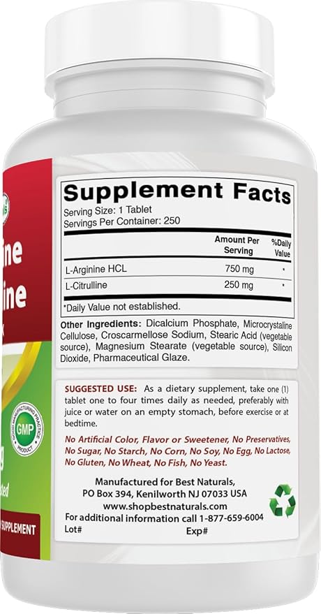 Best Naturals L-Arginine L-Citrulline Complex 1000 mg 250 Tablets (250 Count (Pack of 3))