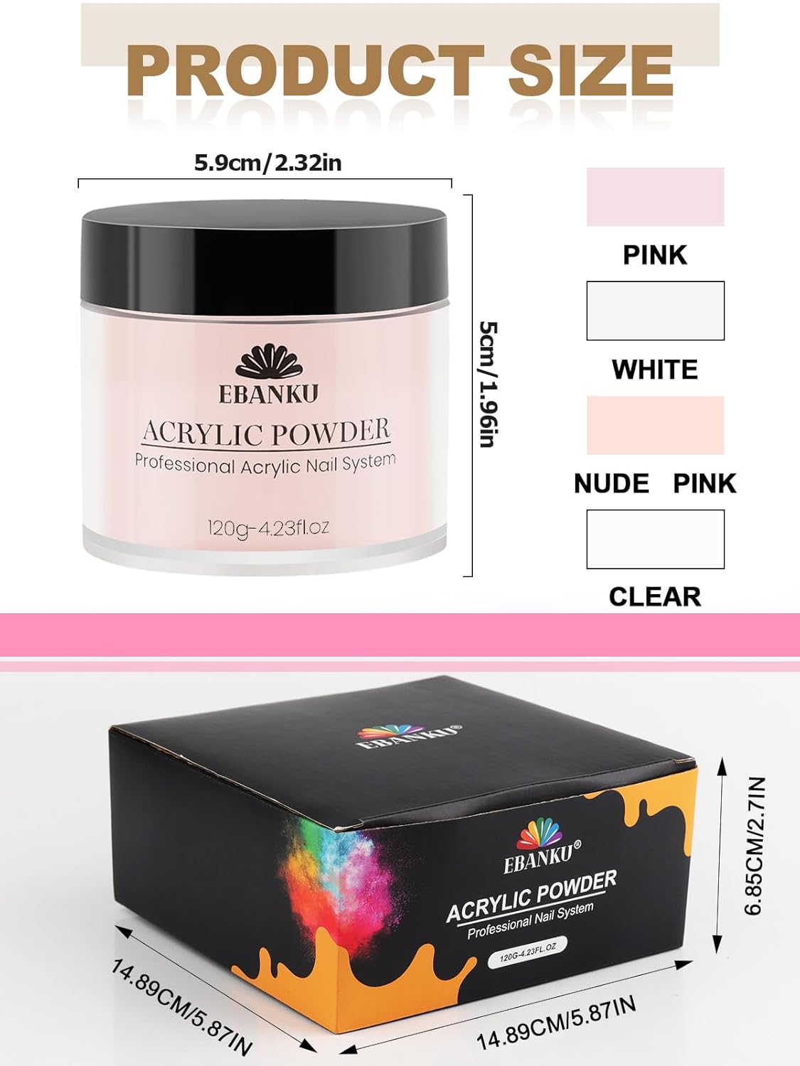 EBANKU Acrylic Powder Set 4 Colors Acrylic Nail Powder Nude Pink White Clear Acrylic Powder for Acrylic Nail Extension Nail Carving, Long-Lasting, No Nail Lamp Needed, Large Capacity 4.23oz*4