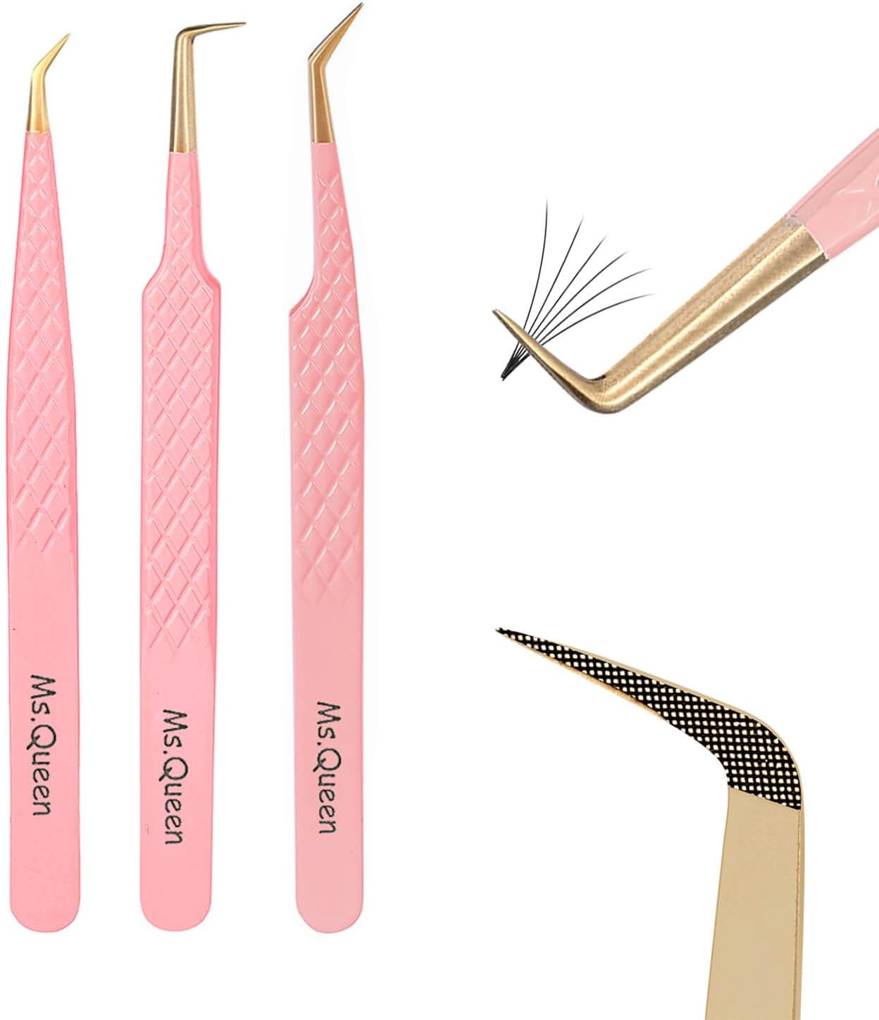 Ms.Queen Tweezers for Lash Extensions,Diamond Grip 3Pcs Fiber Tip 45 90 Degree Volume Eyelash Tweezers Set