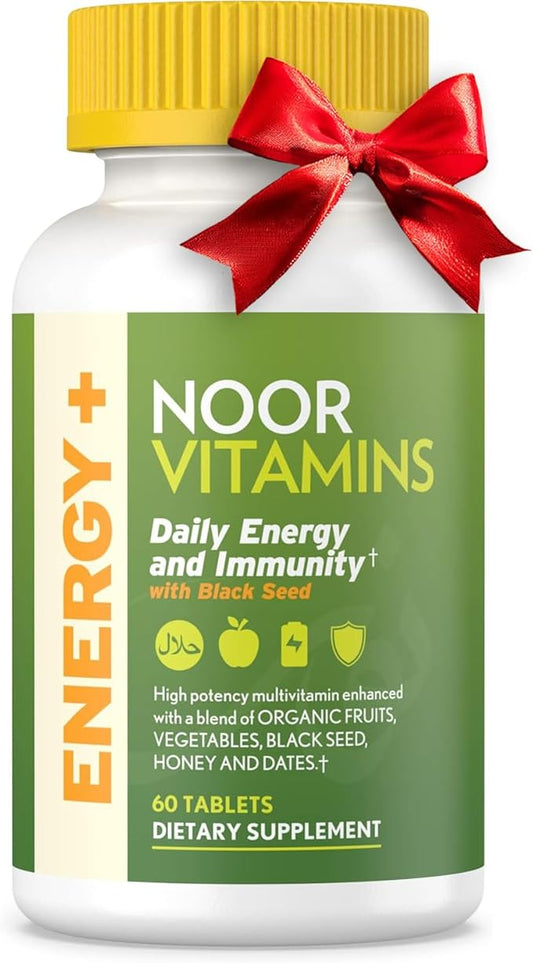 Noor Vitamins Energy+ Multivitamin; Halal Vitamin for Energy Production & Immunity, 26 Vitamins & Minerals, Black Seed, Dates, Honey, for Men & Women. Gelatin Free, 2 Month Supply