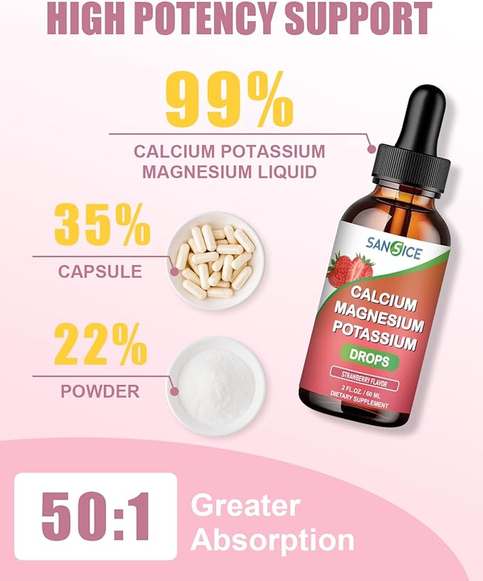 Calcium Magnesium Potassium Supplements,Magnesium Glycinate 400mg Zinc MultiVitamin Drops Calcium Magnesium Supplement High Absorption Vegan Non GMO (60ml/Strawberry Flavor)