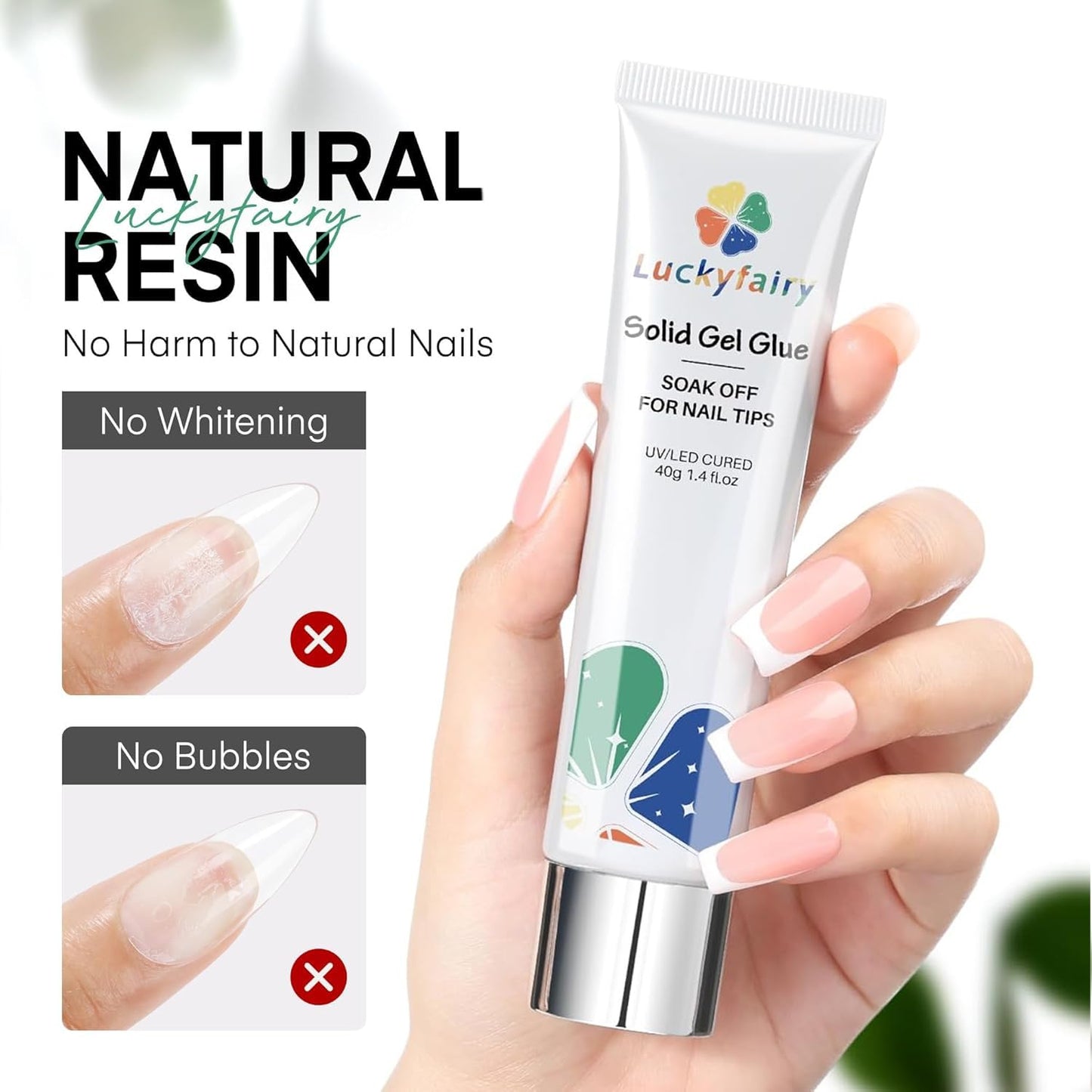 40ml Super Strong Nail Glue Soft Solid Gel Nail Glue for Press Ons Acrylic Nails, Mess Free, Lamp Curing Needed, Durable & Long-Lasting