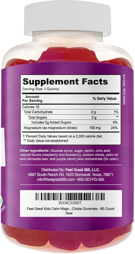 Feel Great Kids Calm Magnesium Gummies - Magnesium Supplement for Children - Magnesium Citrate Gummies - 60 Count