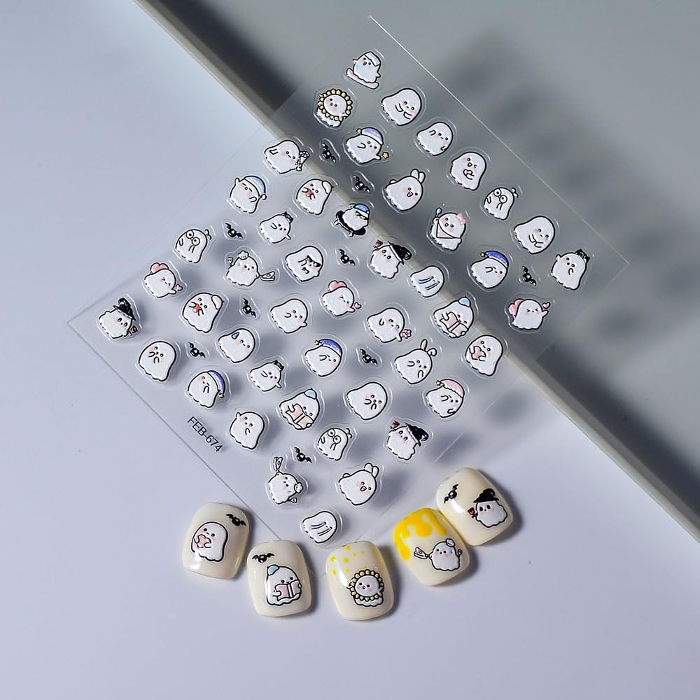 Halloween Nails Stickers White Ghost Nails Sticker 3D Embossed Cute Ghosts Self Adhesive Sticker Nail Decals Ghost with Hat Nail Art Decal Halloween Decals for Nail DIY Manicure 1Sheet