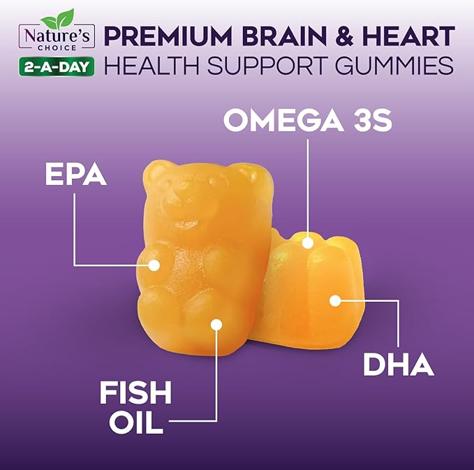 Omega 3 Fish Oil Gummies - Triple Strength Omega 3 Gummy Vitamins, High Absorption EPA & DHA Fatty Acids, for Heart Health & Brain Support, Nature's Fish Oil Supplement, Orange Flavor - 60 Gummies