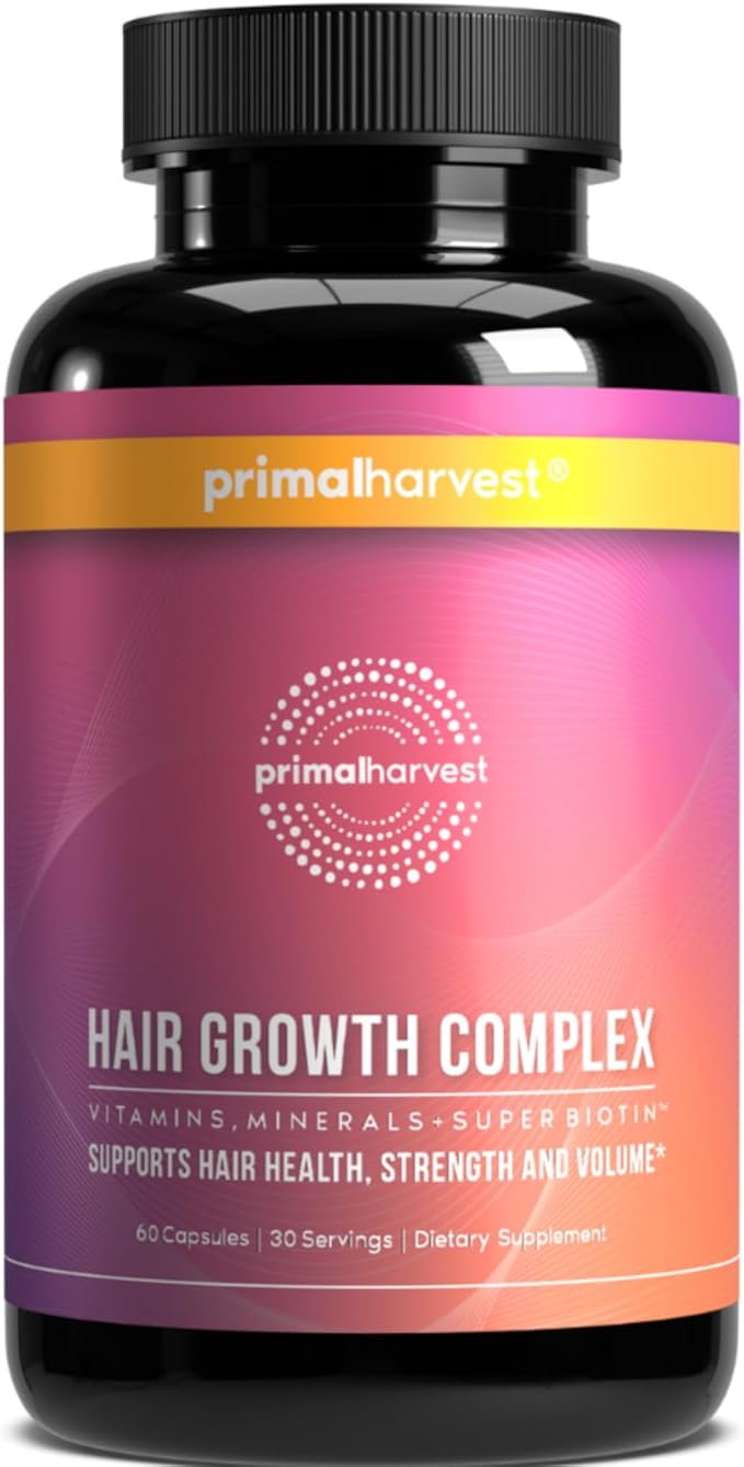 Primal Harvest Primal Hair Complex 1 Pack, Regrowth Hair Supplement for Women & Men, Natural Hair Vitamins w/Thickening Products Biotin & Zinc (60 Capsules)