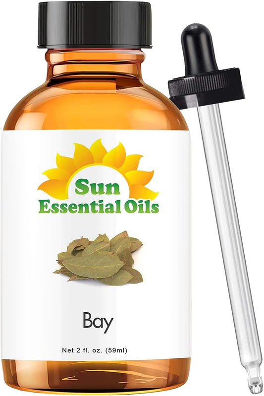 Sun Essential Oils – 2 oz Bay Essential Oil with Dropper for Diffuser, Massage Therapy, Scalp Care, Aromatherapy, Fresh Scent for Candle, Lotion & Shampoo Making, Room Fragrance