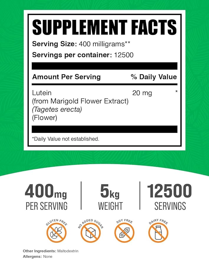 BulkSupplements.com Lutein Powder - from Marigold Flower Extract, Lutein Supplement, Lutein 20mg - Antioxidant Source, Gluten Free, 400mg per Serving, 5kg (11 lbs) (Pack of 5)
