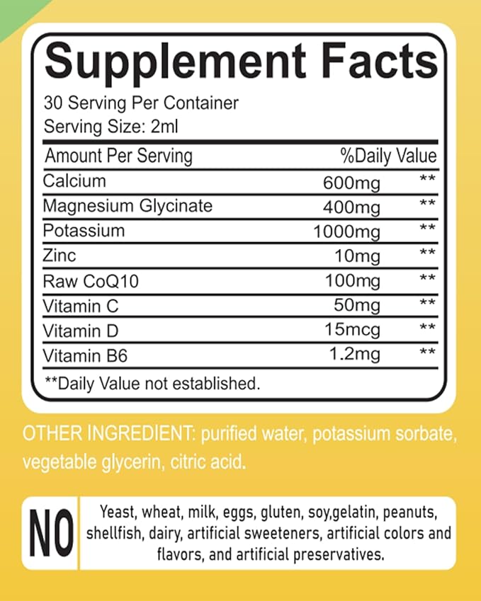 Calcium Magnesium Potassium Supplement Liquid,400mg Magnesium Glycinate,600mg Calcium Magnesium Drop Supplement with Vitamin D and Zinc (60ml/Lemon Flavor)