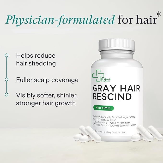 Gray Hair Rescind with Catalase - Antiaging Hair, Skin and Nails Vitamins, Pantothenic Acid, Folic Acid 400mcg, Biotin 300mcg, Saw Palmetto for Men and Women