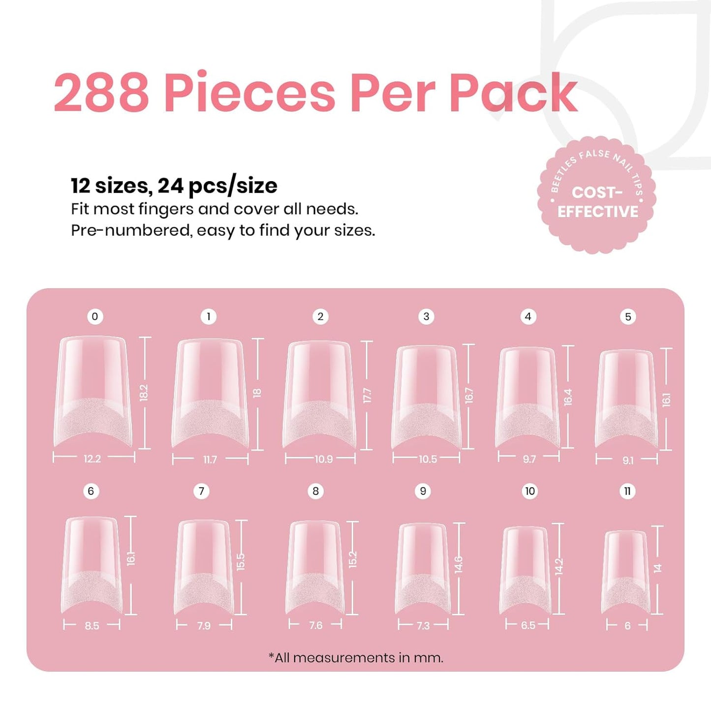 Beetles Gel Nail Tips Kit Etch-X, Square Medium, 288Pcs 12 Sizes, with 10mL Nail Glue, Pre-Etched Half Matte Half Cover Soft Acrylic False Nail Kit for Home DIY Salon Art Fall Press on Nail Extension