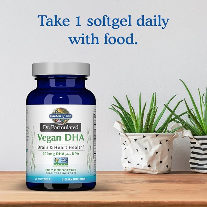 Garden of Life Omega 3 Vegan DHA Supplements Dr. Formulated Vegan DHA, 400mg DHA & 90mg DPA in Triglyceride Form from a Single Source, Omega 3 Supplement for Women's and Men's Health, 30 Softgels