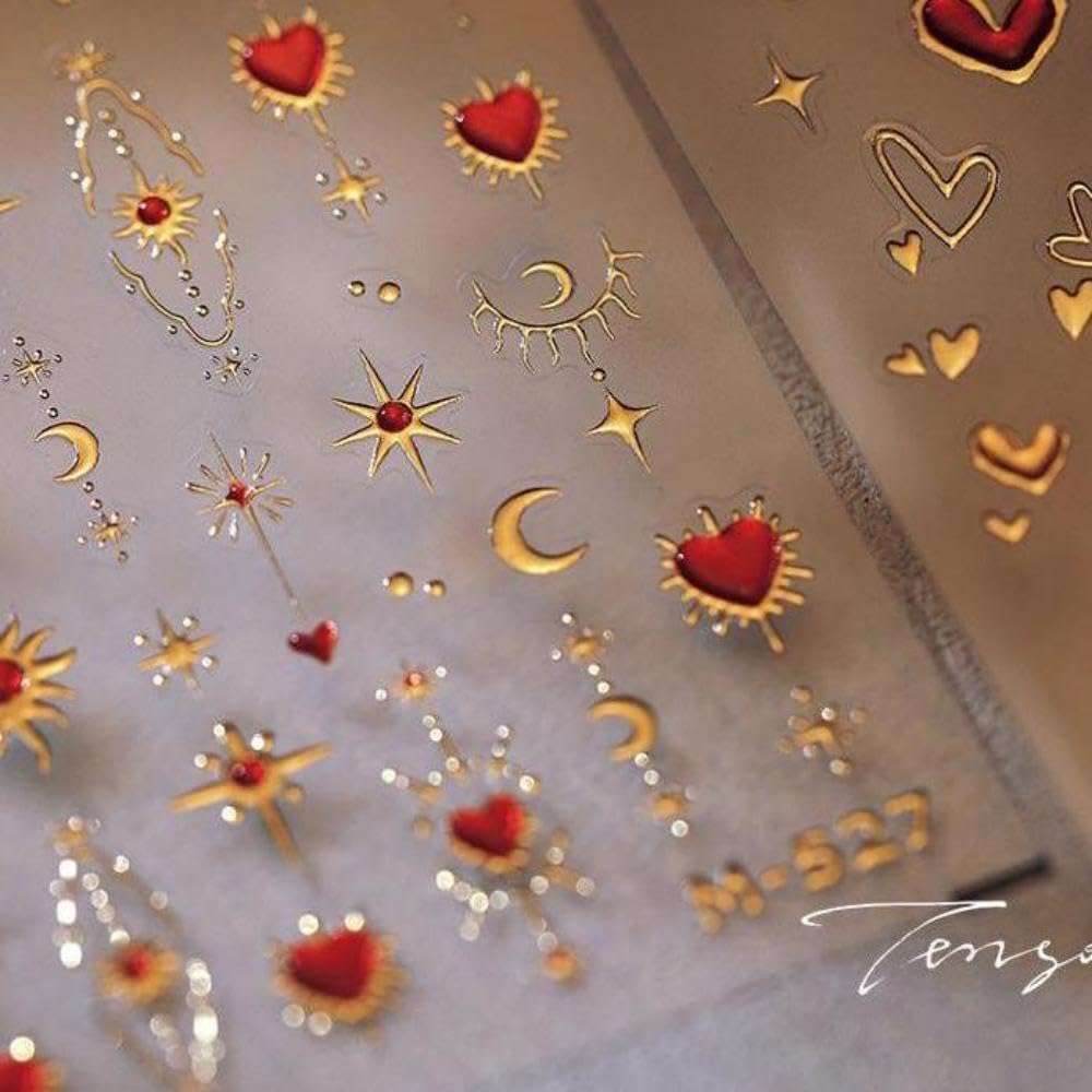 Heart Nail Art Stickers Red Nail Decals with Gold Design Star Moon Nail Sticker 5D Embossed Self Adhesive Nails Charms for Women Girls Kid Manicure Supply DIY Decoration Accessories