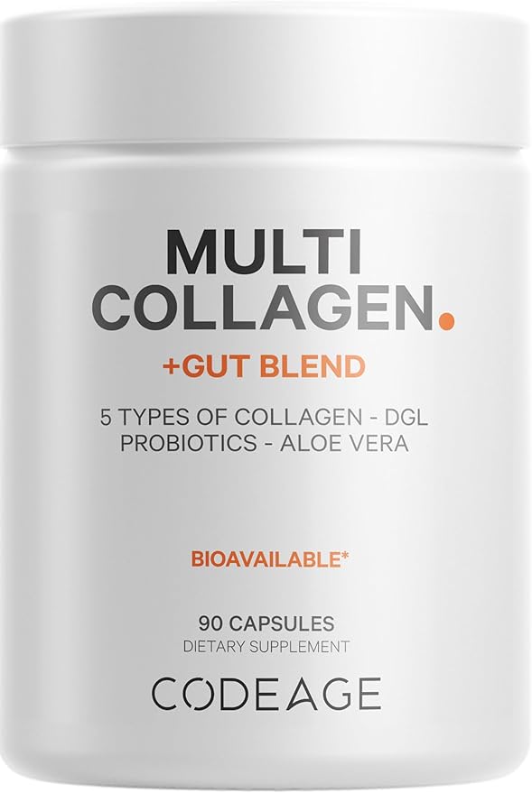 Codeage Multi Collagen + Gut Blend Supplement - Digestive Probiotics, DGL Licorice, Aloe Vera, Organic Peppermint Leaf, Slippery Elm - Hydrolyzed Bovine Collagen Pills - Non-GMO - 90 Capsules