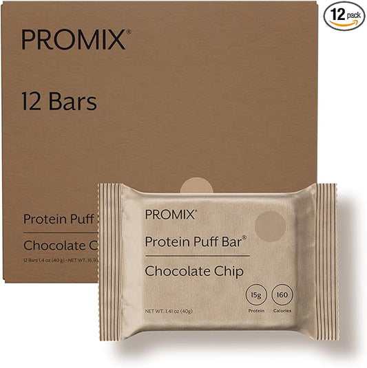 ProMix Nutrition Protein Puff Bars, 12-Pack - Chocolate Chip - Marshmallow Crispy Treat - Great Tasting & Healthy On The Go Snack - High Protein & Low Calorie - Non-GMO & Free From Gluten, Soy, & Corn