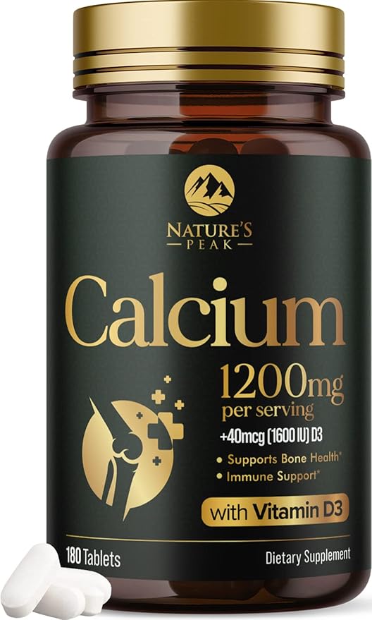 Calcium 1200 mg with Vitamin D3, Calcium Supplement Vitamins, Bone, Teeth & Immune Health Support, Calcium Supplements with D for Women & Men, Nature's Absorbable Calcium Carbonate - 180 Tablets