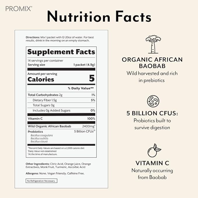 Promix Debloat Prebiotics and Probiotics with Baobab - Rich in Vitamin C, Bloating Relief, Immune Support - Orange - 30 Count