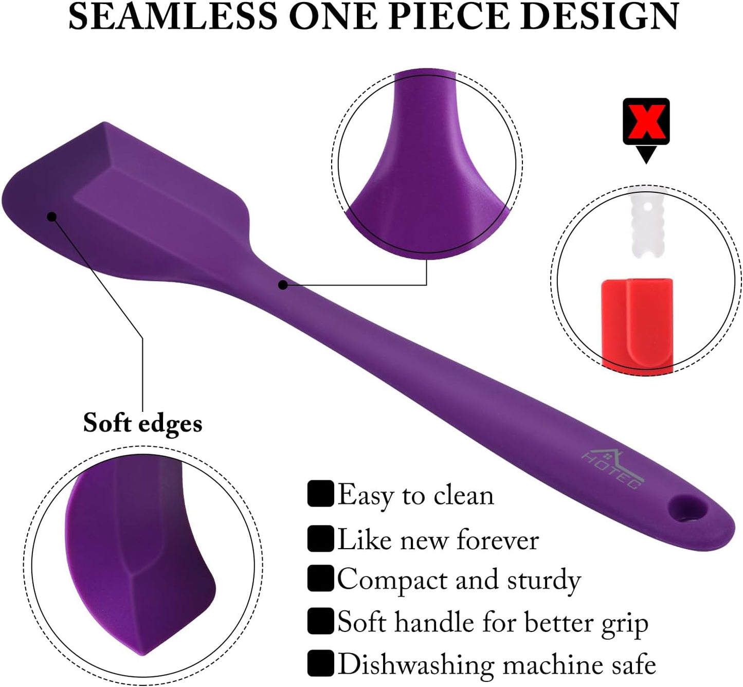 HOTEC 600℉ Heat Resistant BPA-Free Silicone Rubber Spatula Set for Baking, Cooking, and Mixing Non Stick Dishwasher Safe, Purple Set of 5