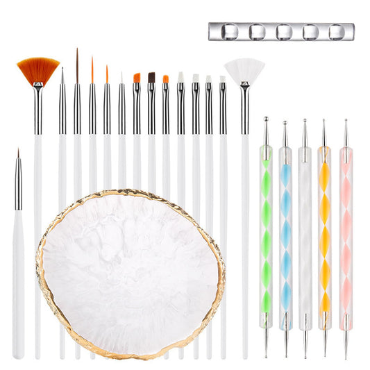 Nail Art Brush 22 Piece Set, 2 Way Acrylic Silicone Engraving Pen Dotting Pen Tools Nail Art Kit, Resin Nail Art Palette, For Nail Art DIY Home Salon Makeup Display Board (White)