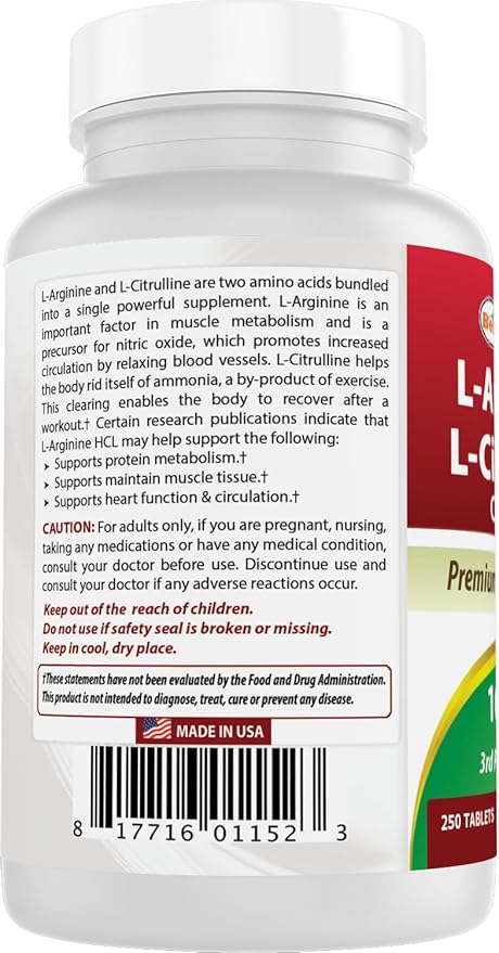 Best Naturals L-Arginine L-Citrulline Complex 1000 mg 250 Tablets (250 Count (Pack of 2))