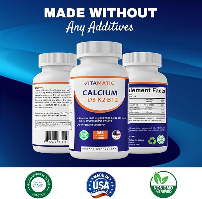 Vitamatic Calcium Supplement 1200mg with D3, K2 & B12, Immune & Bone Health Support - 365 Coated Tablets