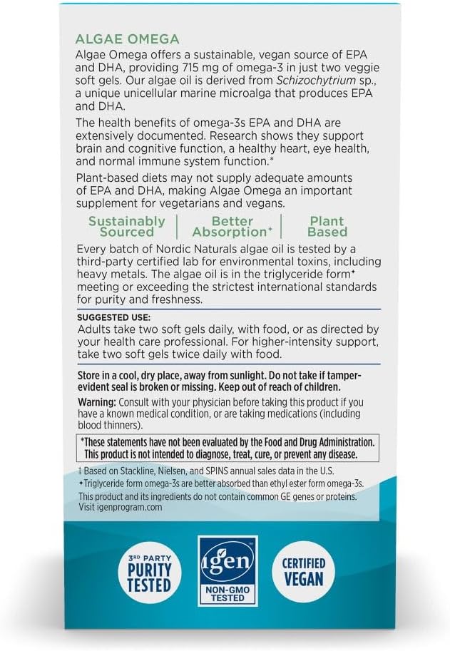 Nordic Naturals Algae Omega - 120 Soft Gels - 715 mg Omega-3 - Certified Vegan Algae Oil - Plant-Based EPA & DHA - Heart, Eye, Immune & Brain Health - Non-GMO - 60 Servings