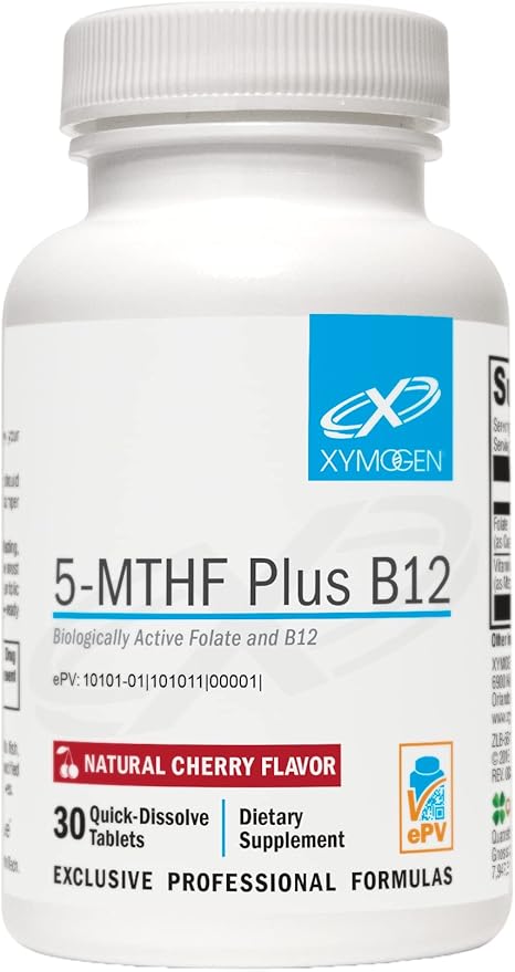 XYMOGEN 5-MTHF Plus B12 - Biologically Active Folate + Methyl B12 (Methylcobalamin) to Support Methylation and Nervous System Health - Great-Tasting Cherry Flavor (30 Quick-Dissolve Tablets)
