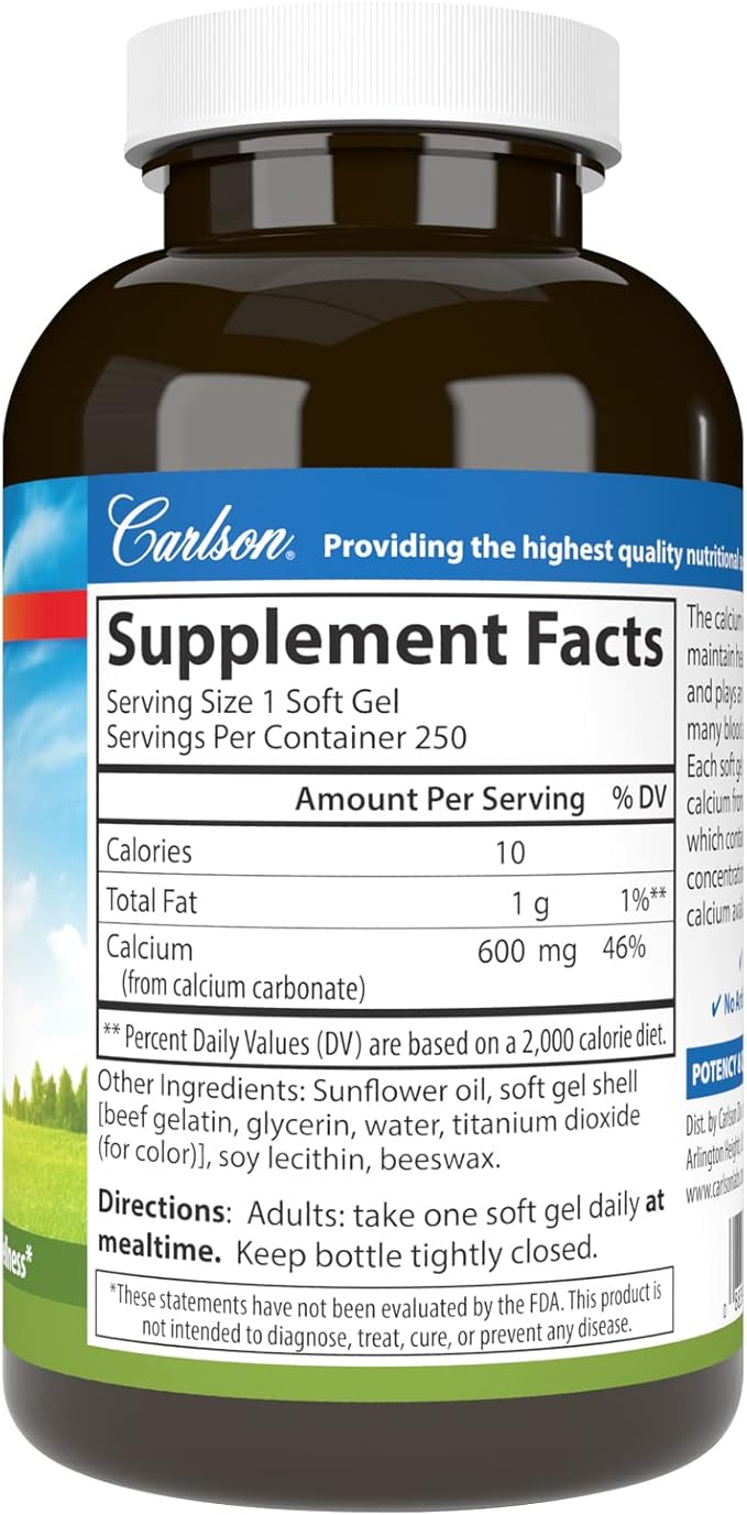 Carlson - Cal-600, 600 mg Calcium, Bone Support, Healthy Teeth & Optimal Wellness, 250 Softgels