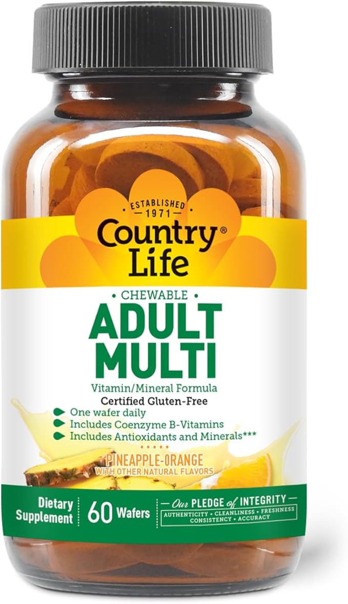 Country Life Adult Chewable Multivitamin with Coenzyme B-Vitamins, Antioxidants, Minerals, Pineapple-Orange Flavor - Supports Energy Metabolism and Immune Health, Gluten Free - 60 Wafers